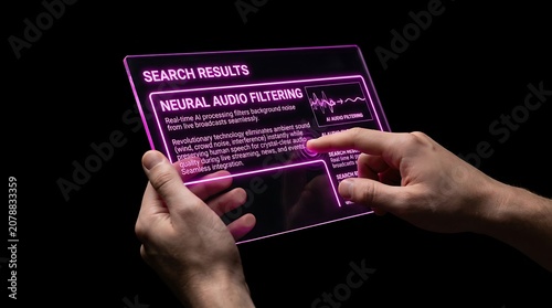 Futuristic Transparent Tablet Displaying Neural Audio Filtering Search Results.