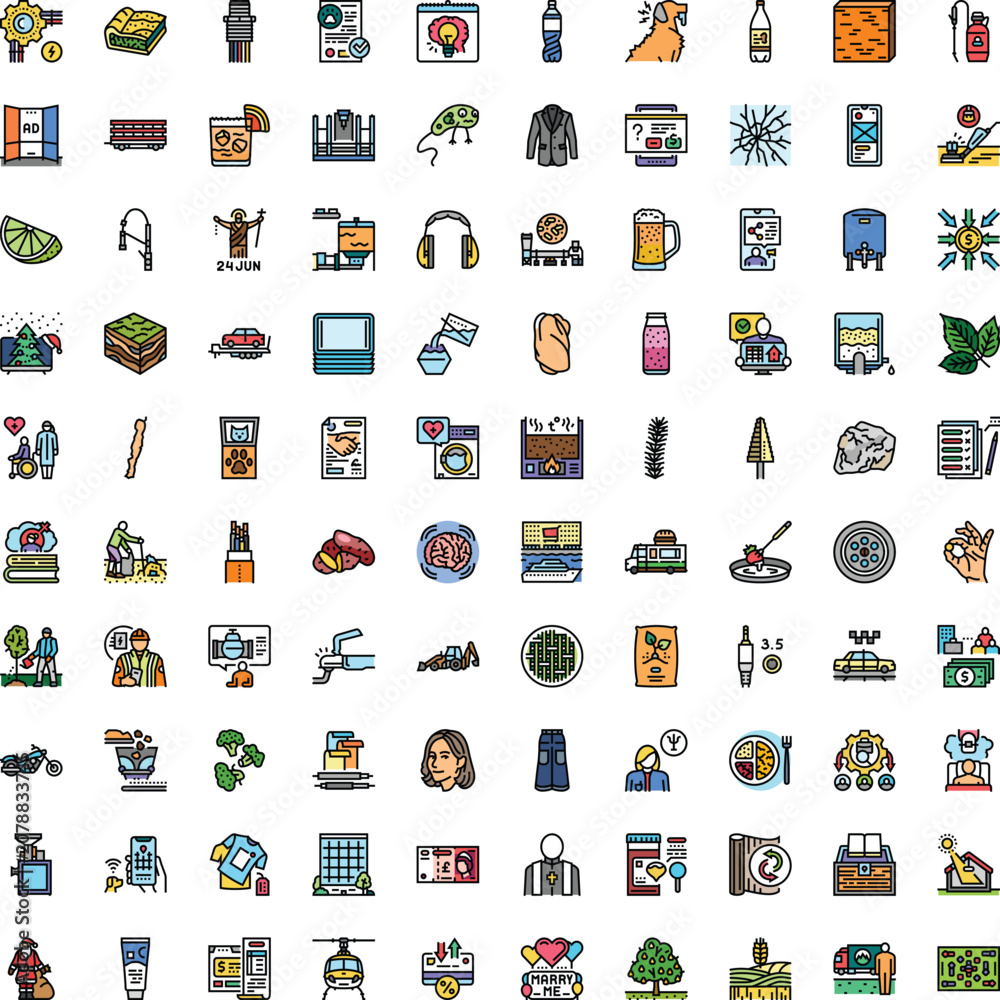 Fototapeta premium Large collection of diverse flat design icons and symbols, depicting objects, activities, and concepts from various aspects of human life and industries