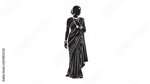 Traditional Indian woman silhouette in ethnic saree, elegant female figure wearing sari and jewelry, black and white cultural vector illustration