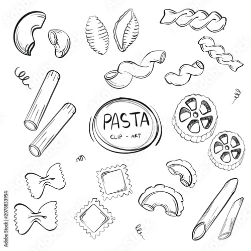 Set of whimsical hand-drawn pasta set. Different pasta bundle. Various pasta. sketch illustrations isolated on white background.