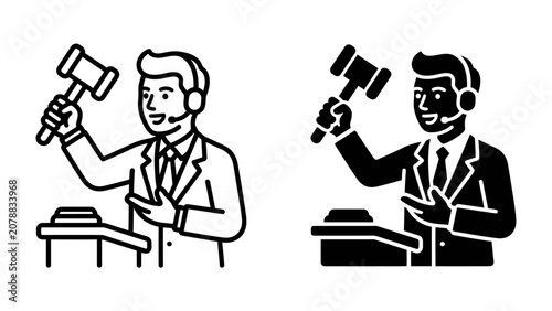 Obraz na płótnie Auctioneer with Gavel: Two stylized illustrations of an auctioneer, one in outline and one in silhouette, both holding a gavel over a podium, ready to conduct a sale