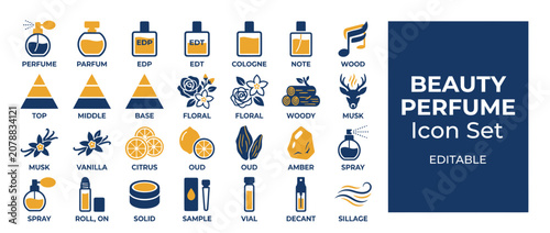Foto Beauty perfume icon set featuring fragrance bottles and scent notes