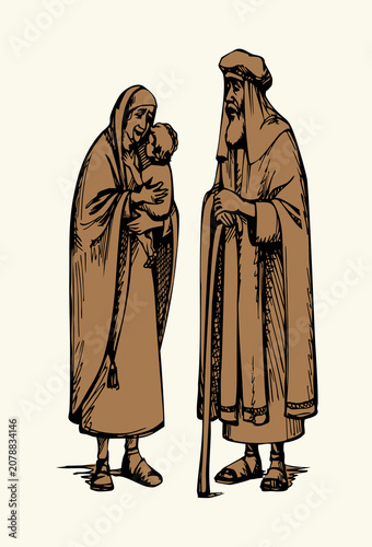 Vector drawing. Old parents and baby