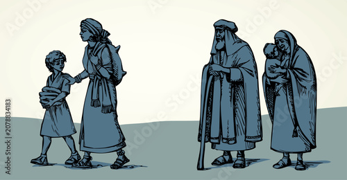 Vector drawing. Hagar go away from Abraham and Sarah