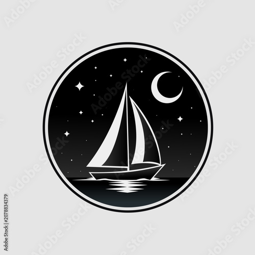 Sailboat Sailing at Night Under Crescent Moon Illustration