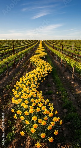 Vast Agricultural Field with Bright Yellow Flowers and Clear Blue Sky.
