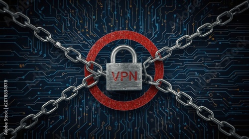 Padlock positioned over a digital circuit board background features heavy chains to symbolize the urgent need for enhanced cybersecurity and robust data encryption in the modern tech industry.