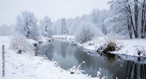 Serene Snowy River Landscape with Frozen Trees and Calm Water.