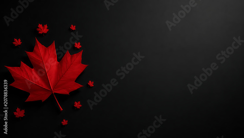 Vibrant red maple leaves on elegant dark black textured background with copy space