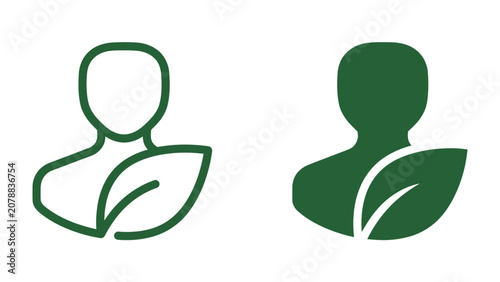 Canvastavla Person with Leaf Icon: Two stylized icons depict a person's upper body with a leaf shape, one outlined and the other solid green, symbolizing environmental consciousness or organic lifestyle