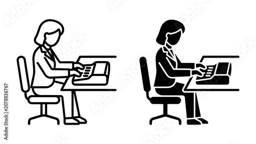 Tableau sur toile Typist Icon: A minimalist icon set featuring two distinct representations of a person typing on a typewriter, one outlined and one solid silhouette, conveying efficiency and classic communication