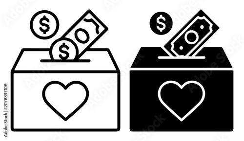 Donation box with heart symbol and money, charity fund collection icons black and white on transparent background