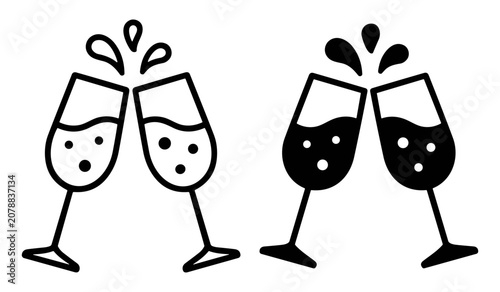 Foto Outline and filled style icons of clinking champagne glasses with bubbles and sp