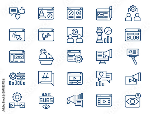 Digital content creator outline icon set presents detailed social media marketing elements. Influencer concept