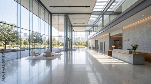 Empty modern office building corridor with glass windows and perspective architectural design