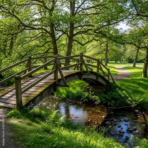 Serene Green Park with Wooden Bridge and Stream.