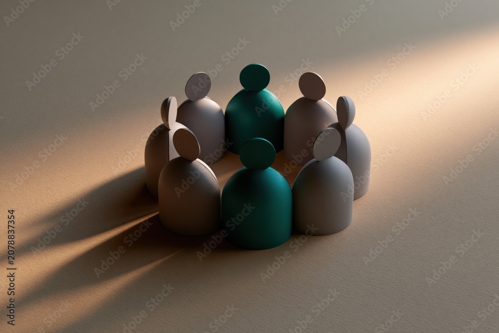 Obraz premium Circle of minimalist figures with two green leaders among grey team for teamwork meeting and collaboration background or poster