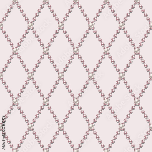 Seamless jewelry pattern with strings of pink pearls arranged in geometric rhombic grid like lattice. Large white pearls at intersection of grid lines. Pale pink color. Wedding luxury design element.