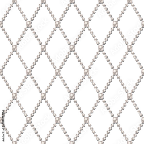 Foto Seamless jewelry pattern with strings of white pearls arranged in geometric rhombic grid like lattice