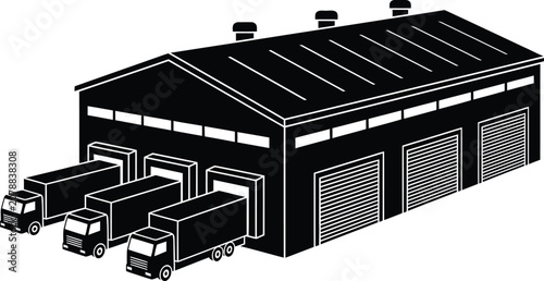 Tableau sur toile Vector illustration of a modern industrial warehouse building and distribution center featuring delivery trucks parked at the loading dock for freight logistics