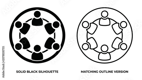 Bild auf Leinwand Teamwork Circle Icons: Two minimalist icons depicting a group of people sitting around a circular table, representing collaboration and meeting