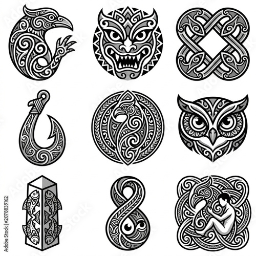 Collection of nine tribal and cultural ornamental designs.