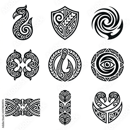 Collection of Maori inspired tribal art symbols and designs.