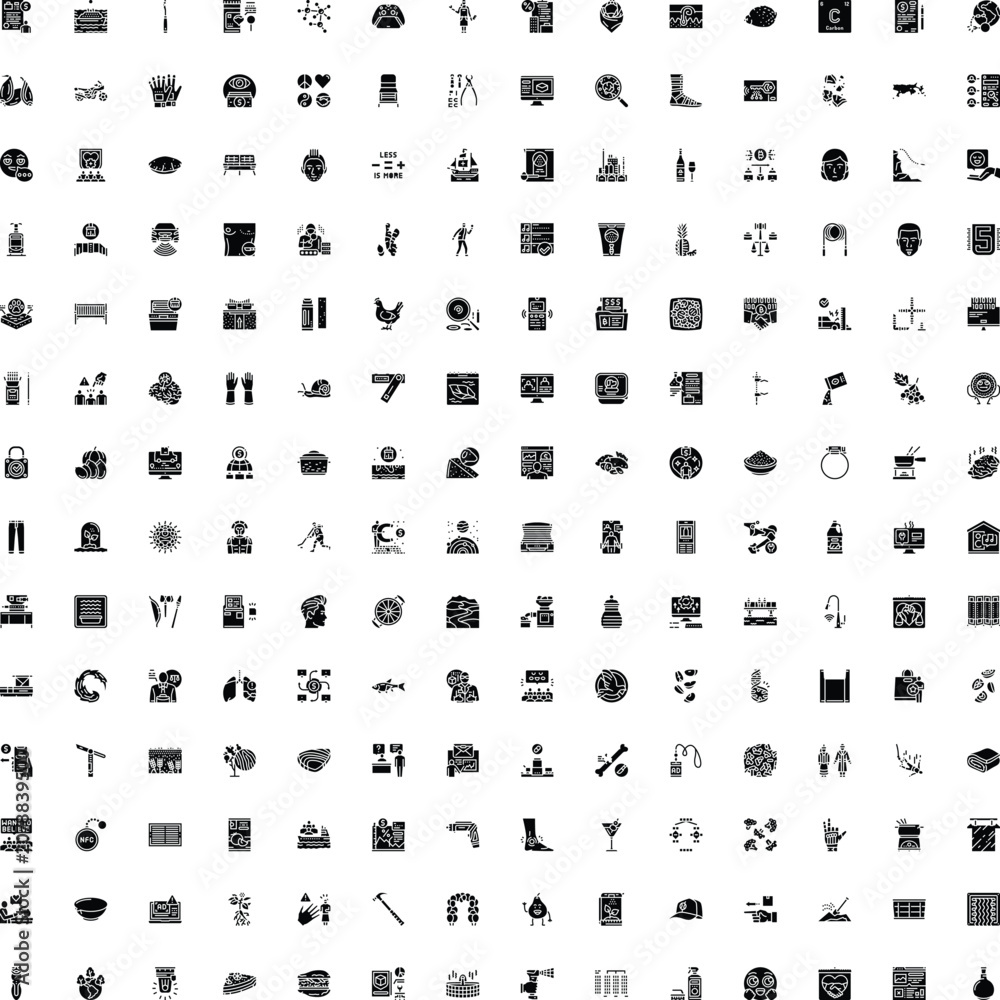 Fototapeta premium Diverse pictogram collection featuring abstract symbols for common applications across various industries, including food, transport, communication, and environmental concerns