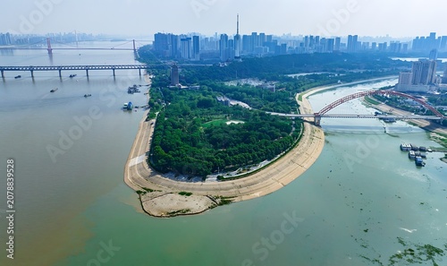 Fotografie Aerial View of Han and Yangtze River Confluence in Wuhan, China