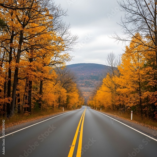 Scenic Autumn Road Through Vibrant Forest Landscape.
