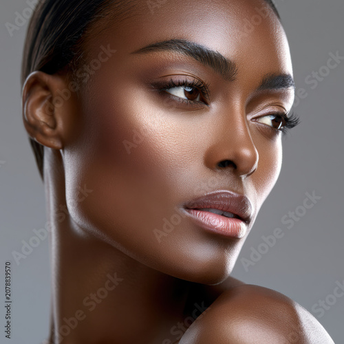 Elegant black woman angular face glowing skin beauty portrait, high fidelity, soft lighting, natural makeup, confident expression