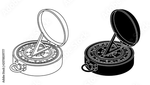 Fotografie Antique Compass Duo: A detailed illustration showcases two antique compasses, one in outline and the other in silhouette, highlighting their intricate design and navigational purpose