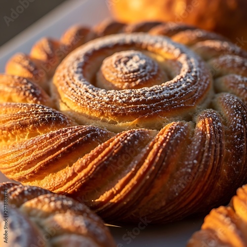 Close-Up of Delicious Spiral Pastry with Powdered Sugar.