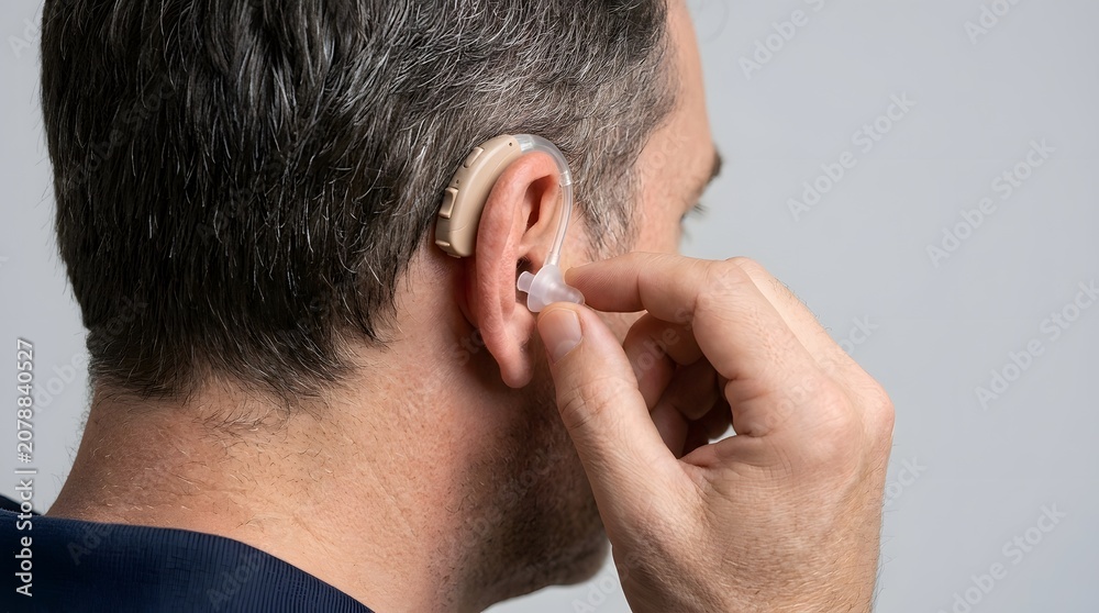 Fototapeta premium Mature man carefully inserting a hearing aid into his ear