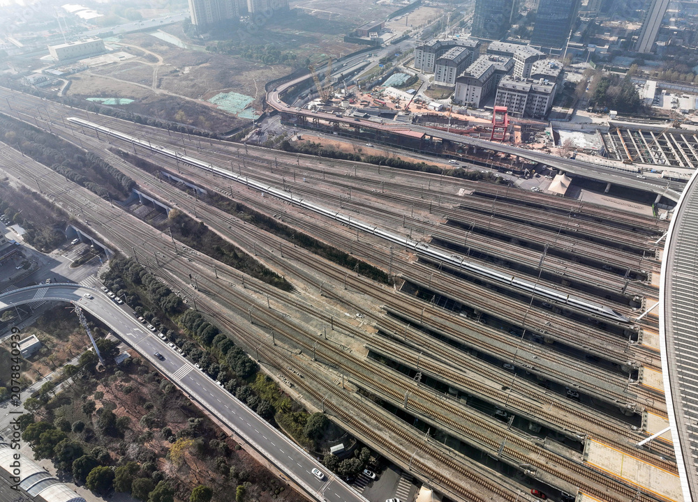Obraz premium Wuhan Railway Station Aerial View - Busy Urban Rail Hub