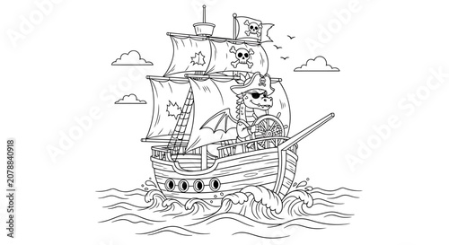 Whimsical cartoon pirate ship with a dragon captain sailing on the high seas with skull and crossbones flags