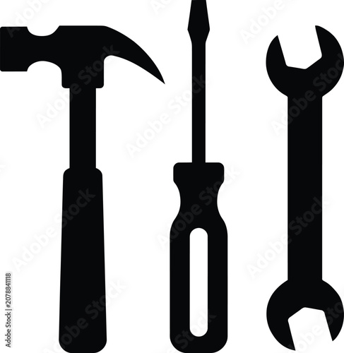 Vector tools silhouette hammer screwdriver and wrench graphic for construction repair and diy projects