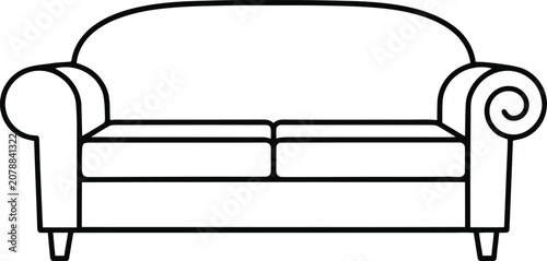 Vector silhouette of a classic rolled arm sofa furniture illustration