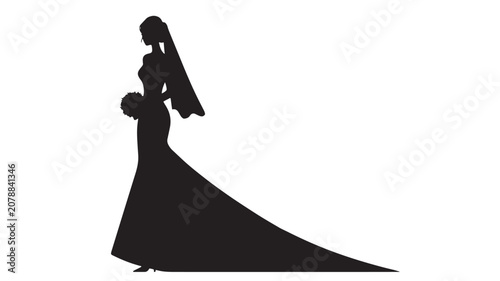 Elegant bride silhouette in wedding dress with veil and bouquet, black vector illustration of a woman in bridal gown, minimalist marriage icon