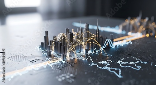 Futuristic Cityscape with Digital Data Overlay and Graphs.