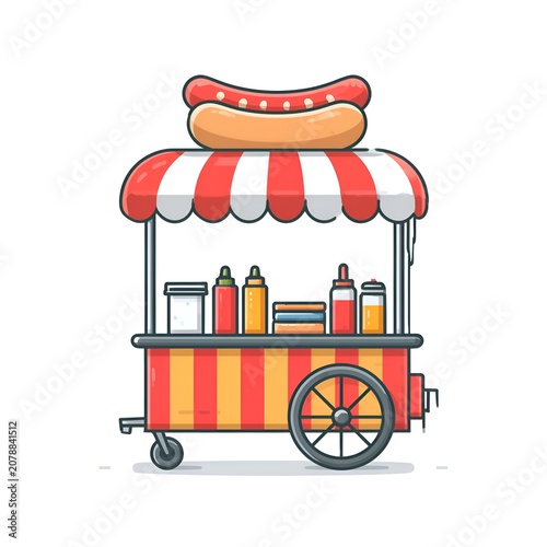 Cute cartoon hot dog cart with awning and various condiments