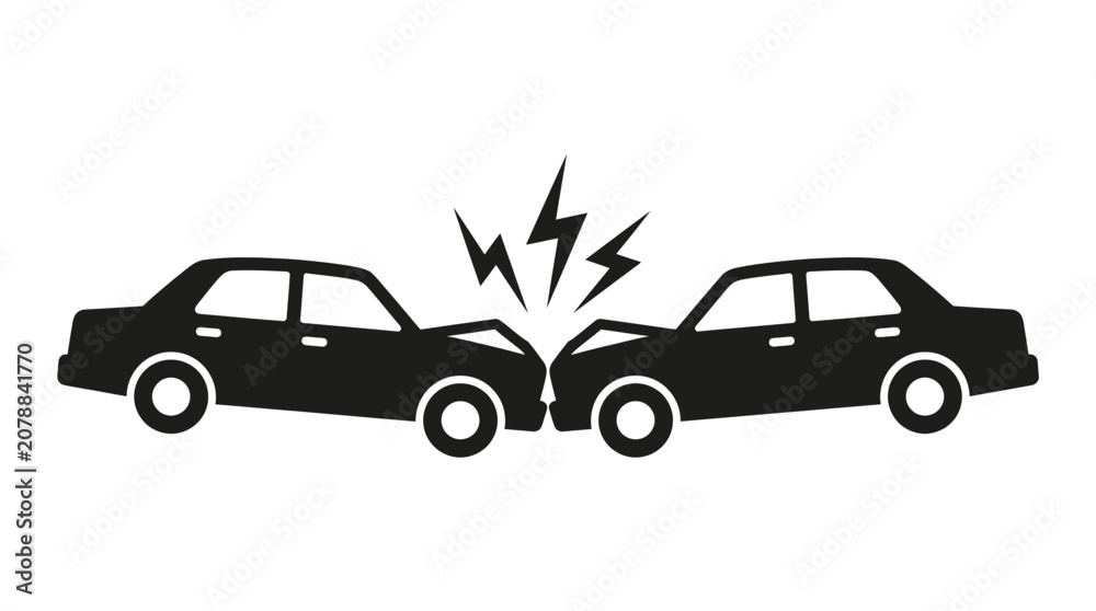 Fototapeta premium Minimalist black vector graphic illustration showing two automobiles involved in a serious head on vehicle collision