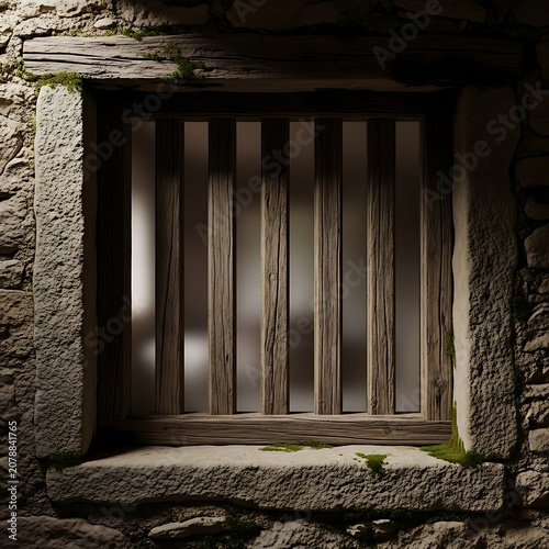 Rustic wooden barn door in aged stone wall.