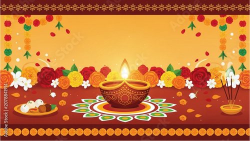 Fotografía A traditional diya lamp burns brightly on a decorative table with flowers and sweets for a festive celebration indoors