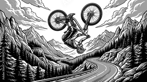 Cuadro en lienzo Biker Riding Mountain Bike Aerial.