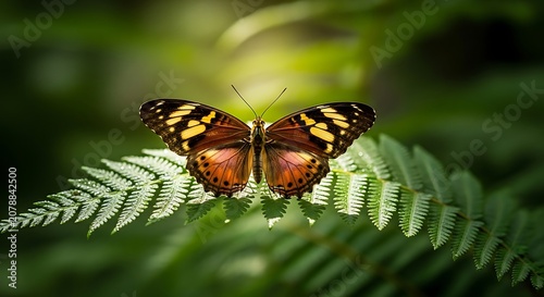 Colorful Butterfly Resting on Green Fern Leaf in Nature Scene.