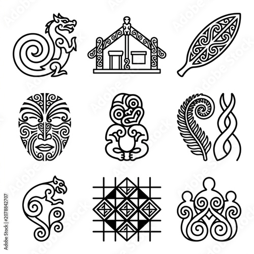 Collection of Maori cultural symbols and art forms.