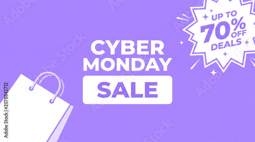 Cyber Monday Sale Banner with Shopping Bag and Discount Offer