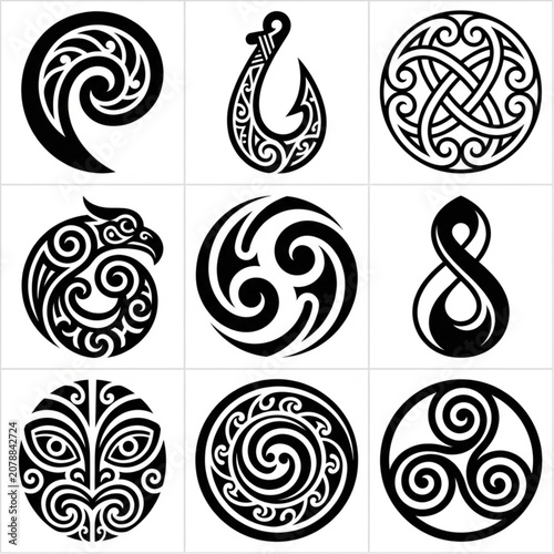 Collection of nine traditional Maori cultural symbols and designs.