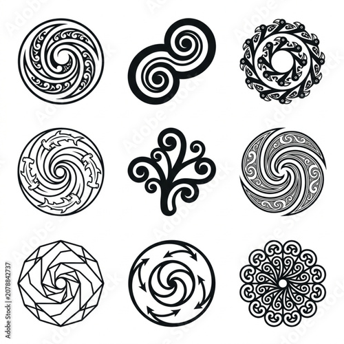 Collection of Nine Celtic Knotwork and Spiral Symbols.